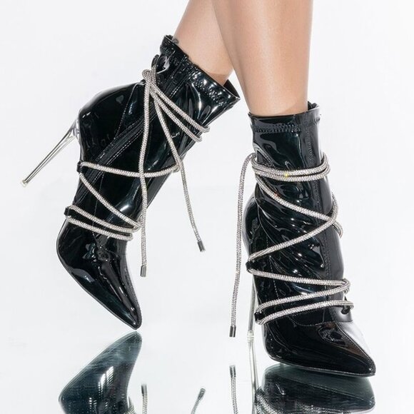 AZALEA WANG  DRIPPIN  WITH DIAMOND LACES STILETTO BOOTIE IN BLACK - Picture 1 of 9